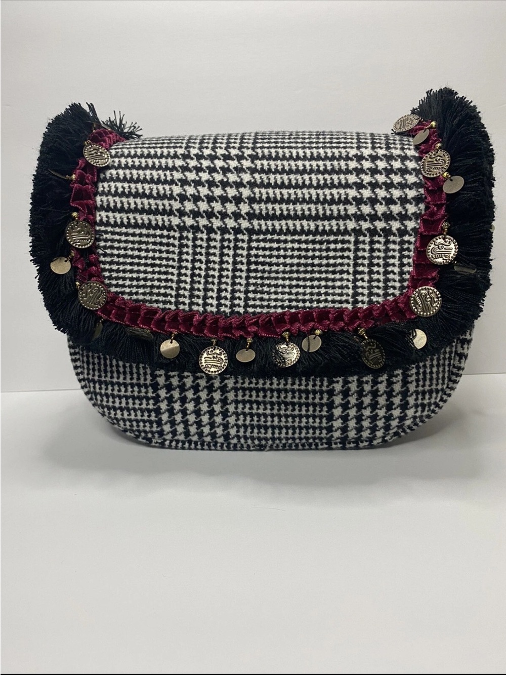 Black & White Glen Plaid Crossbody with Burgundy Trim and Coin Accents